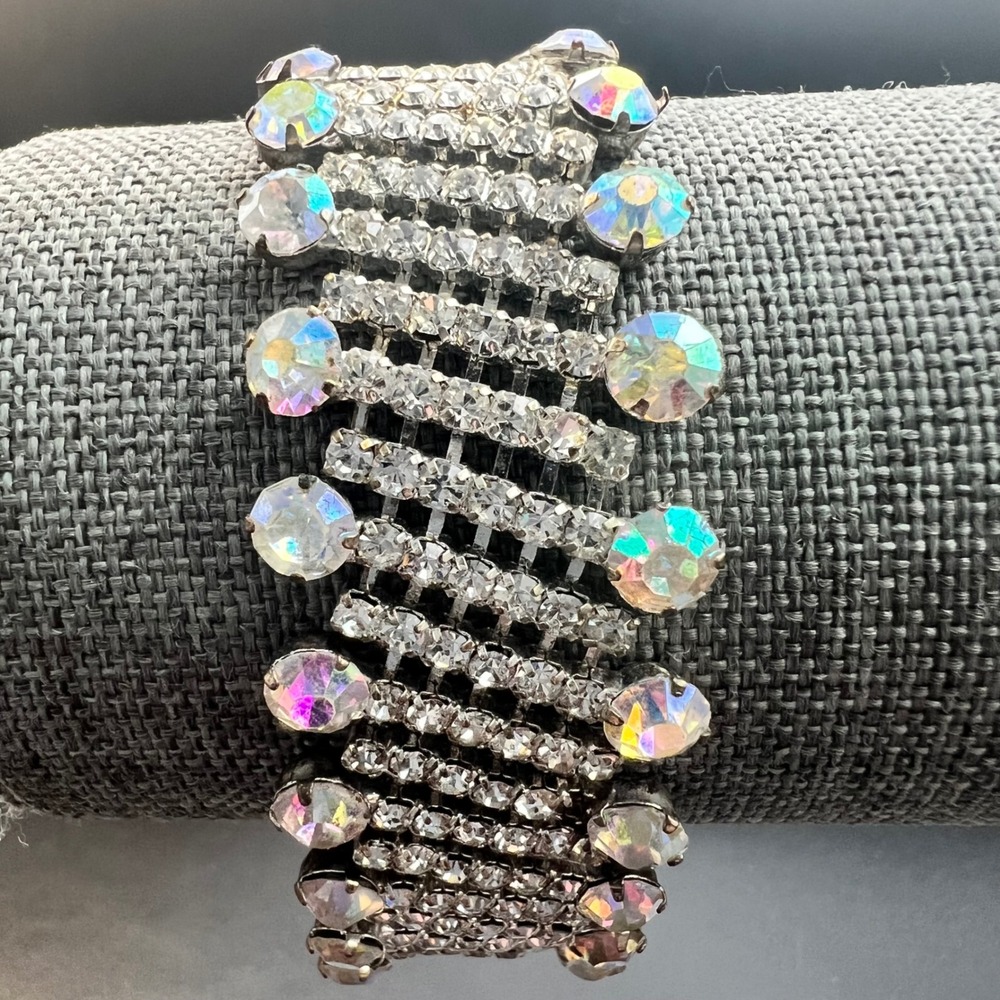 Aurora Borealis Rhinestone Wide Gate Link Bracelet Silver Tone 1950s Vintage